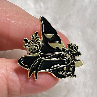 Witches Hat Enamel Pin | Black with Hiding Cat
