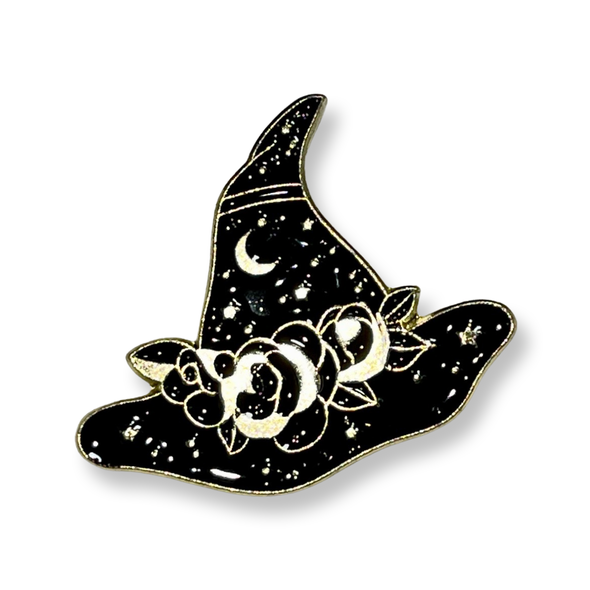 Witches Hat Enamel Pin | Black with Flowers