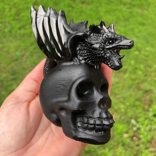 Black Obsidian Dragon & Skull Carving Crystaluxe